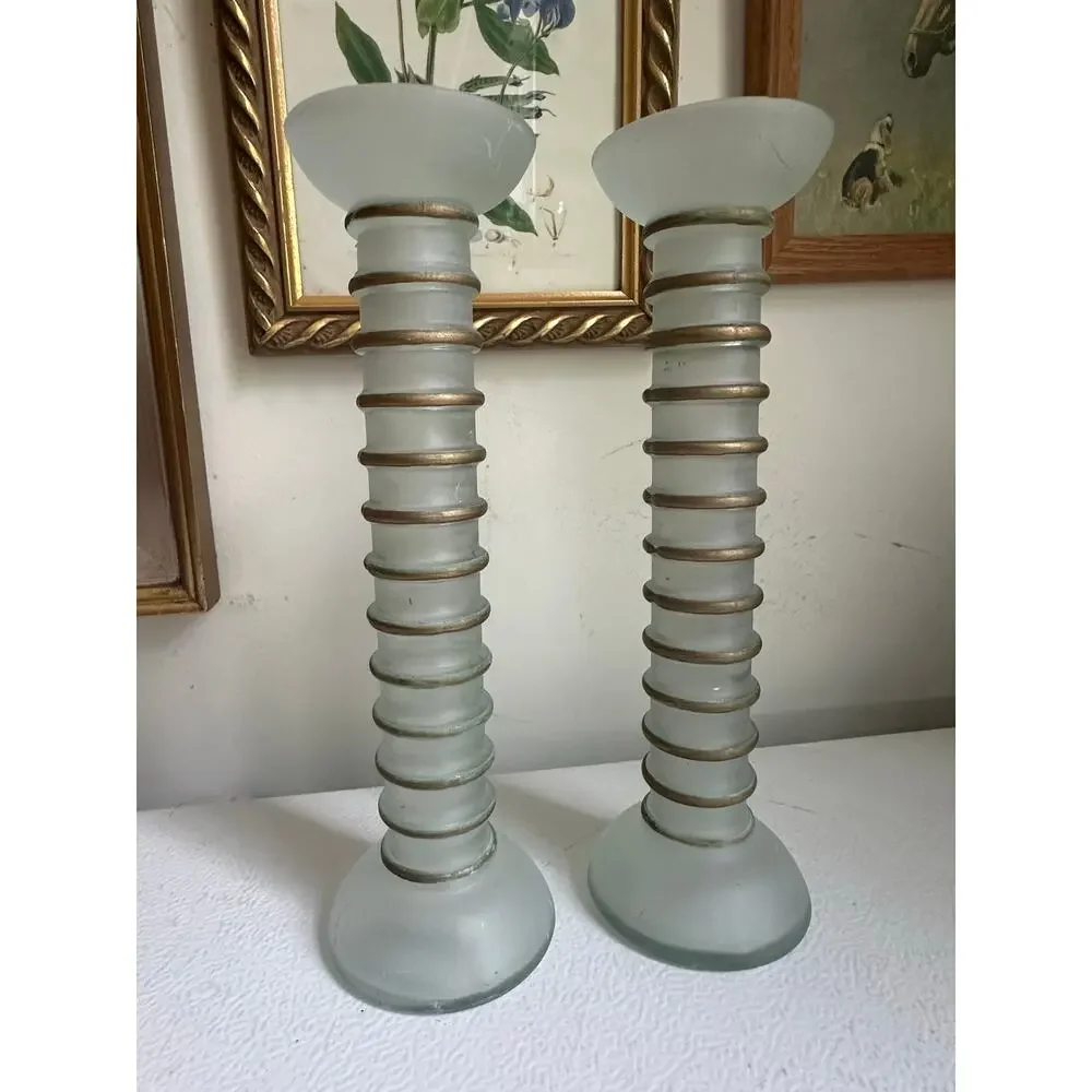 Vintage La Mediterranea Green Glass Vases Candlesticks frosted Spain set 2, 7”